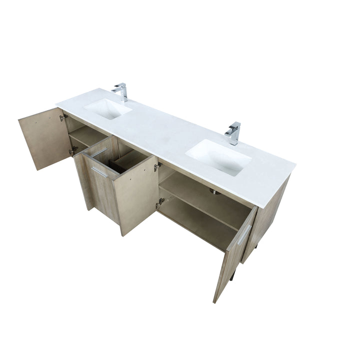 Lexora Lancy 80" Rustic Acacia Double Bathroom Vanity, White Quartz Top, White Square Sinks, and Labaro Brushed Nickel Faucet Set LLC80DKSOS000FBN