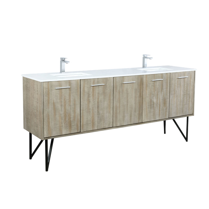 Lexora Lancy 80" Rustic Acacia Double Bathroom Vanity, White Quartz Top, White Square Sinks, and Labaro Brushed Nickel Faucet Set LLC80DKSOS000FBN