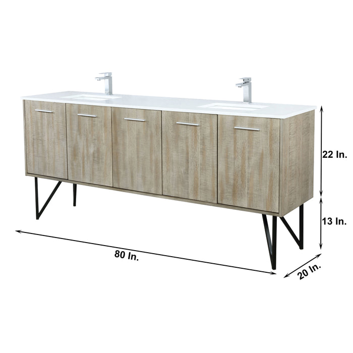 Lexora Lancy 80" Rustic Acacia Double Bathroom Vanity, White Quartz Top, White Square Sinks, and Balzani Gun Metal Faucet Set LLC80DKSOS000FGM