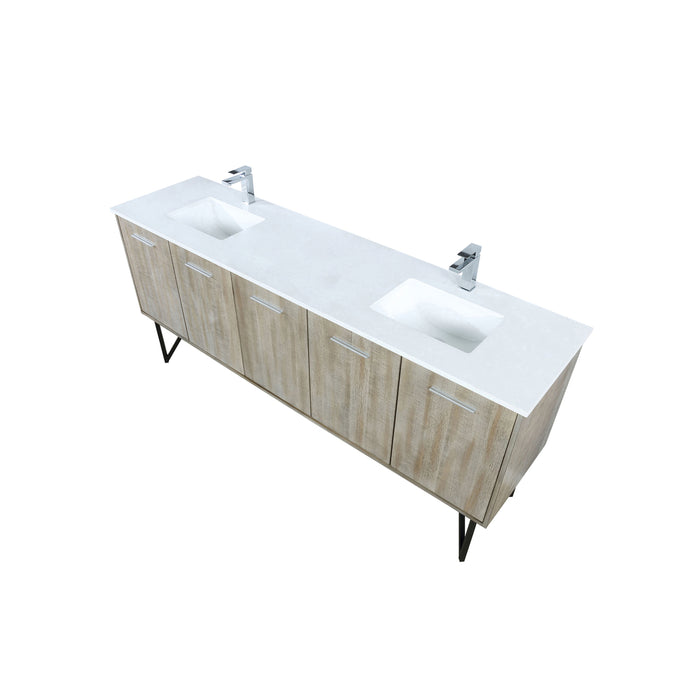 Lexora Lancy 80" Rustic Acacia Double Bathroom Vanity, White Quartz Top, White Square Sinks, and Balzani Gun Metal Faucet Set LLC80DKSOS000FGM