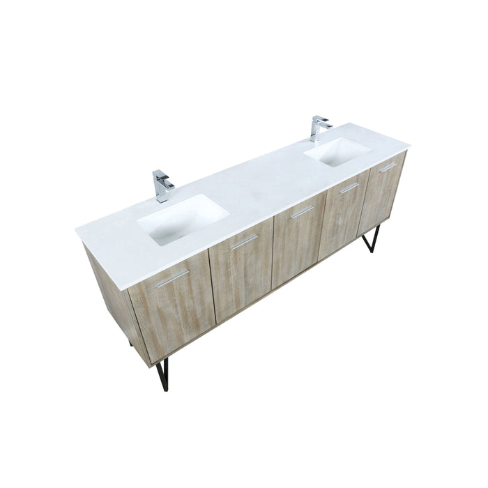 Lexora Lancy 80" Rustic Acacia Double Bathroom Vanity, White Quartz Top, White Square Sinks, and Labaro Rose Gold Faucet Set LLC80DKSOS000FRG