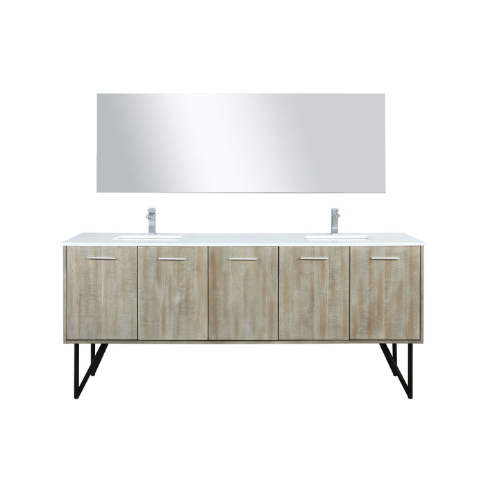 Lexora Lancy 80" Rustic Acacia Double Bathroom Vanity, White Quartz Top, White Square Sinks, Labaro Brushed Nickel Faucet Set, and 70" Frameless Mirror LLC80DKSOSM70FBN