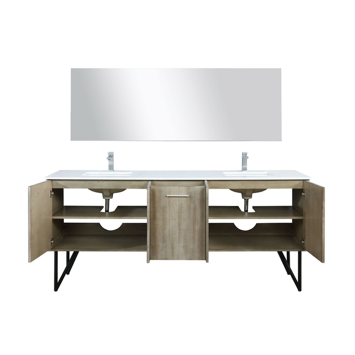 Lexora Lancy 80" Rustic Acacia Double Bathroom Vanity, White Quartz Top, White Square Sinks, Labaro Brushed Nickel Faucet Set, and 70" Frameless Mirror LLC80DKSOSM70FBN