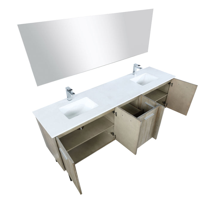 Lexora Lancy 80" Rustic Acacia Double Bathroom Vanity, White Quartz Top, White Square Sinks, Labaro Brushed Nickel Faucet Set, and 70" Frameless Mirror LLC80DKSOSM70FBN