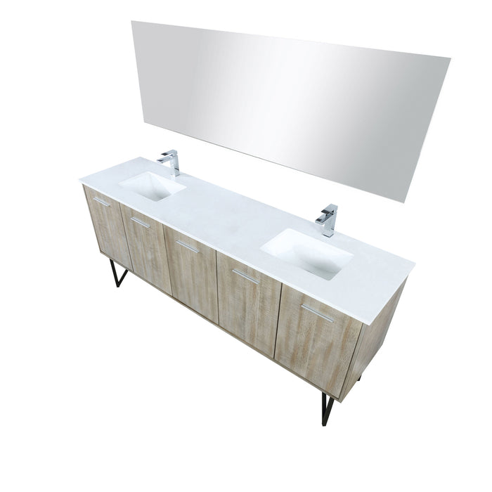 Lexora Lancy 80" Rustic Acacia Double Bathroom Vanity, White Quartz Top, White Square Sinks, Labaro Brushed Nickel Faucet Set, and 70" Frameless Mirror LLC80DKSOSM70FBN