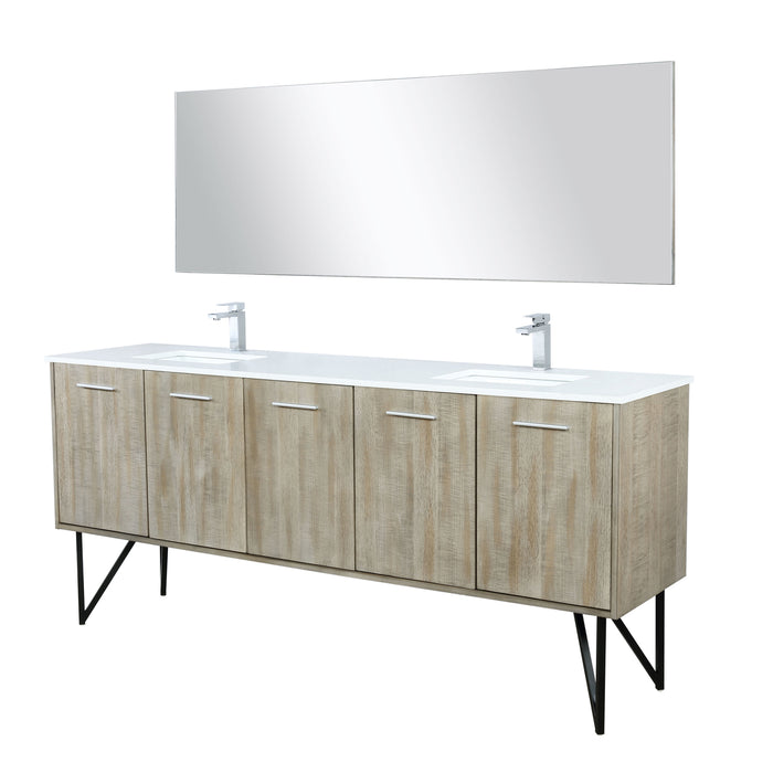 Lexora Lancy 80" Rustic Acacia Double Bathroom Vanity, White Quartz Top, White Square Sinks, Balzani Gun Metal Faucet Set, and 70" Frameless Mirror LLC80DKSOSM70FGM