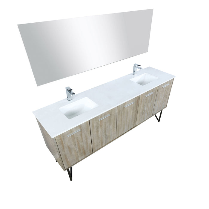 Lexora Lancy 80" Rustic Acacia Double Bathroom Vanity, White Quartz Top, White Square Sinks, Balzani Gun Metal Faucet Set, and 70" Frameless Mirror LLC80DKSOSM70FGM