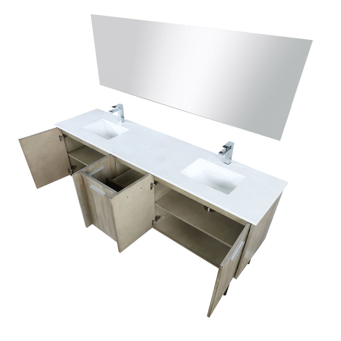 Lexora Lancy 80" Rustic Acacia Double Bathroom Vanity, White Quartz Top, White Square Sinks, Balzani Gun Metal Faucet Set, and 70" Frameless Mirror LLC80DKSOSM70FGM