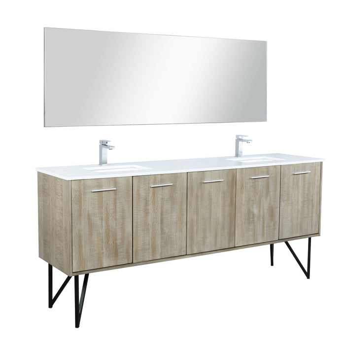 Lexora Lancy 80" Rustic Acacia Double Bathroom Vanity, White Quartz Top, White Square Sinks, Balzani Gun Metal Faucet Set, and 70" Frameless Mirror LLC80DKSOSM70FGM