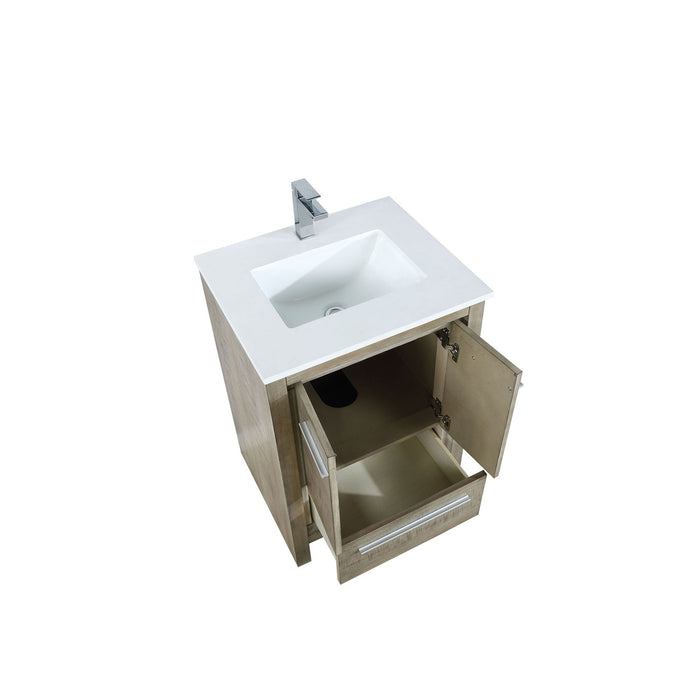 Lexora Lafarre 24" Rustic Acacia Bathroom Vanity, White Quartz Top, White Square Sink, and Labaro Brushed Nickel Faucet Set LLF24SKSOS000FBN