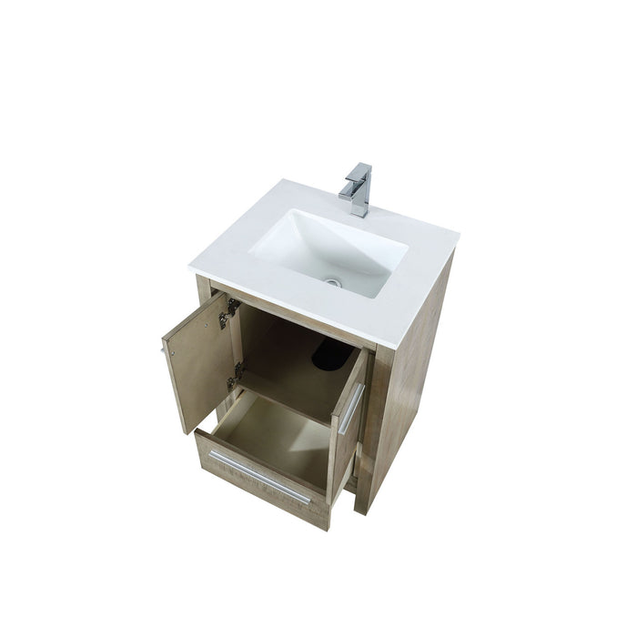 Lexora Lafarre 24" Rustic Acacia Bathroom Vanity, White Quartz Top, White Square Sink, and Labaro Brushed Nickel Faucet Set LLF24SKSOS000FBN