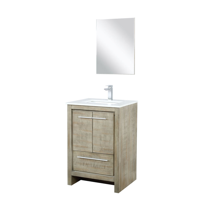 Lexora Lafarre 24" Rustic Acacia Bathroom Vanity, White Quartz Top, White Square Sink, Labaro Brushed Nickel Faucet Set, and 18" Frameless Mirror LLF24SKSOSM18FBN