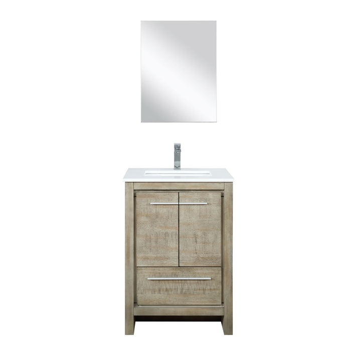 Lexora Lafarre 24" Rustic Acacia Bathroom Vanity, White Quartz Top, White Square Sink, Labaro Brushed Nickel Faucet Set, and 18" Frameless Mirror LLF24SKSOSM18FBN