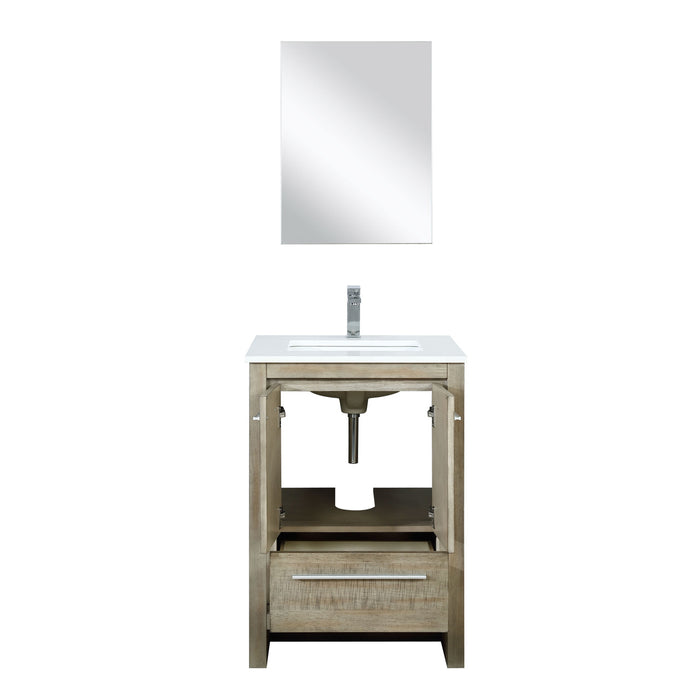 Lexora Lafarre 24" Rustic Acacia Bathroom Vanity, White Quartz Top, White Square Sink, Labaro Brushed Nickel Faucet Set, and 18" Frameless Mirror LLF24SKSOSM18FBN