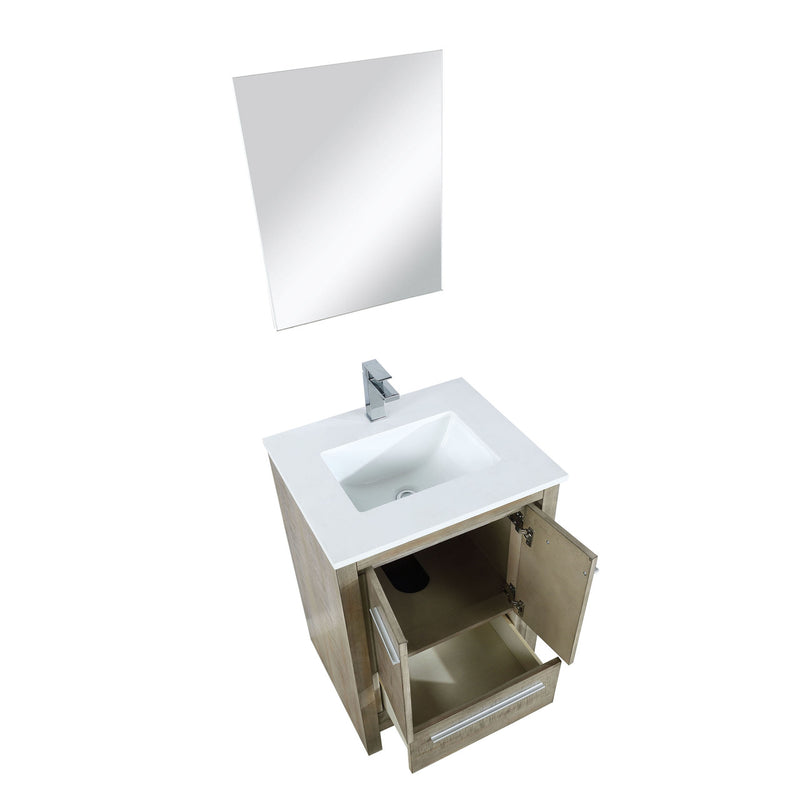 Lexora Lafarre 24" Rustic Acacia Bathroom Vanity, White Quartz Top, White Square Sink, Labaro Brushed Nickel Faucet Set, and 18" Frameless Mirror LLF24SKSOSM18FBN
