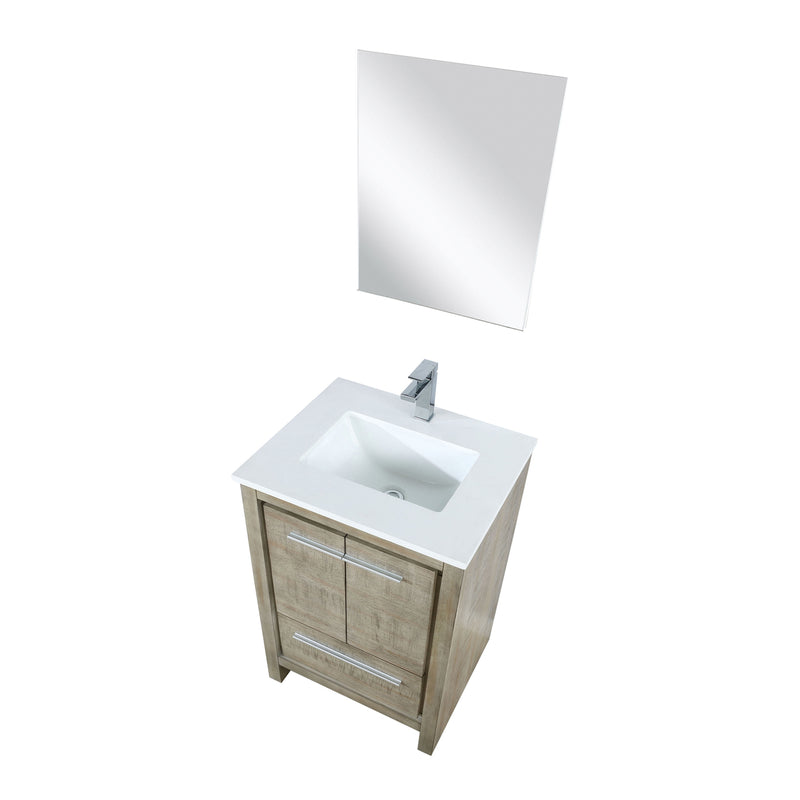 Lexora Lafarre 24" Rustic Acacia Bathroom Vanity, White Quartz Top, White Square Sink, Labaro Brushed Nickel Faucet Set, and 18" Frameless Mirror LLF24SKSOSM18FBN