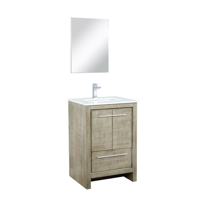 Lexora Lafarre 24" Rustic Acacia Bathroom Vanity, White Quartz Top, White Square Sink, Labaro Brushed Nickel Faucet Set, and 18" Frameless Mirror LLF24SKSOSM18FBN