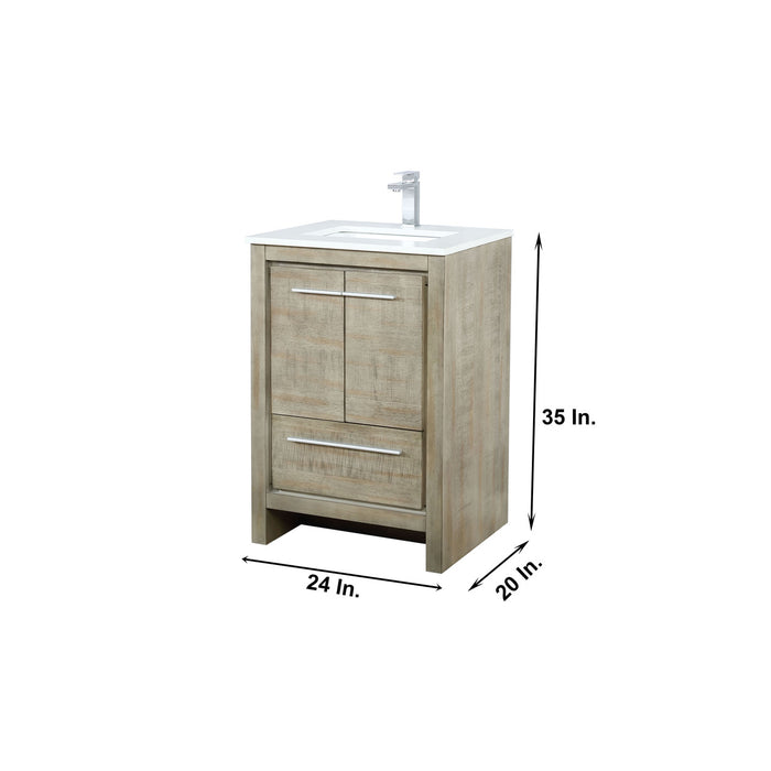 Lexora Lafarre 24" Rustic Acacia Bathroom Vanity, White Quartz Top, White Square Sink, Balzani Gun Metal Faucet Set, and 18" Frameless Mirror LLF24SKSOSM18FGM