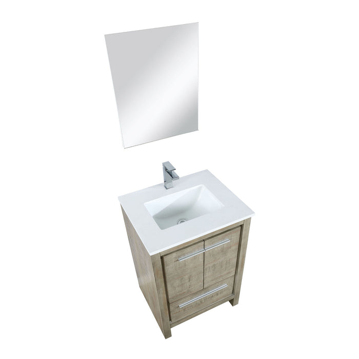 Lexora Lafarre 24" Rustic Acacia Bathroom Vanity, White Quartz Top, White Square Sink, Balzani Gun Metal Faucet Set, and 18" Frameless Mirror LLF24SKSOSM18FGM