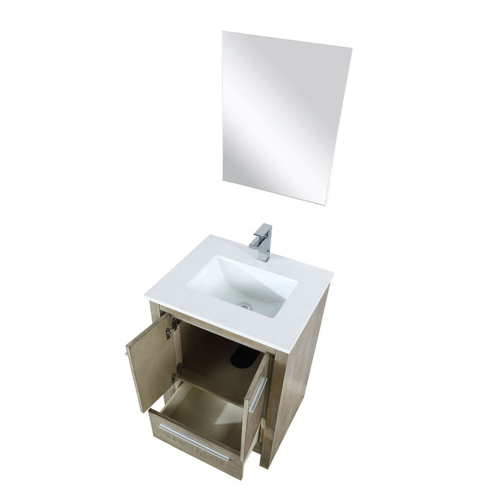 Lexora Lafarre 24" Rustic Acacia Bathroom Vanity, White Quartz Top, White Square Sink, Balzani Gun Metal Faucet Set, and 18" Frameless Mirror LLF24SKSOSM18FGM