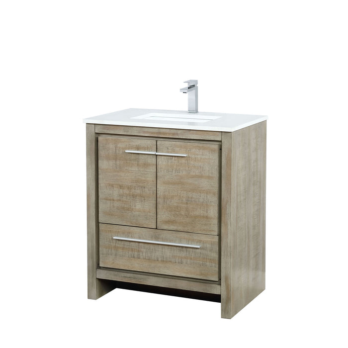 Lexora Lafarre 30" Rustic Acacia Bathroom Vanity, White Quartz Top, White Square Sink, and Balzani Gun Metal Faucet Set LLF30SKSOS000FGM