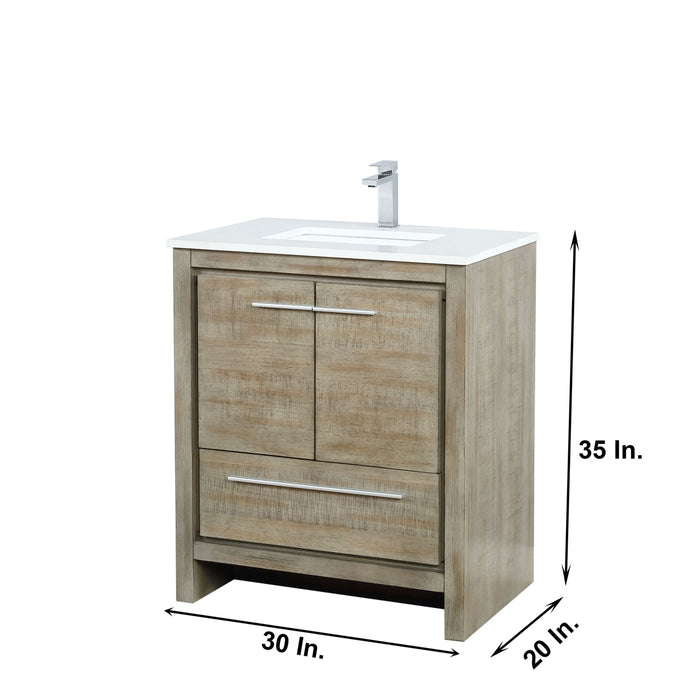 Lexora Lafarre 30" Rustic Acacia Bathroom Vanity, White Quartz Top, White Square Sink, and Balzani Gun Metal Faucet Set LLF30SKSOS000FGM