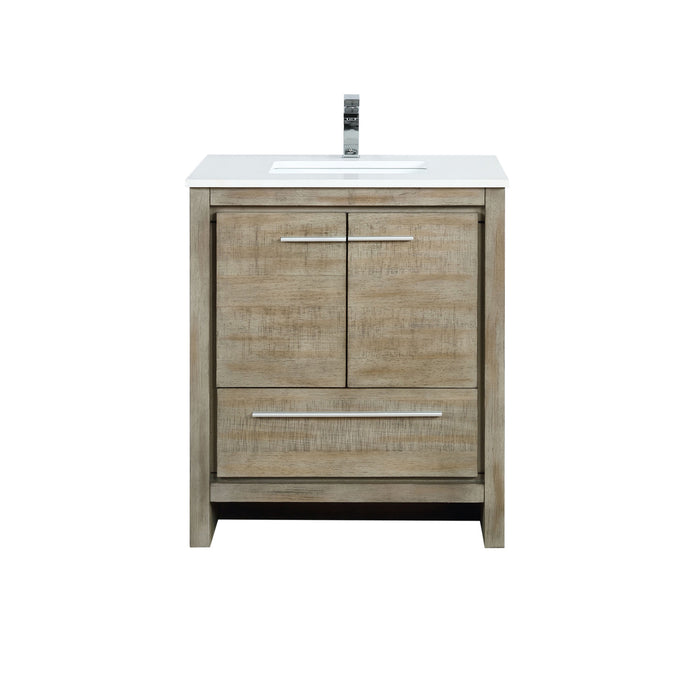 Lexora Lafarre 30" Rustic Acacia Bathroom Vanity, White Quartz Top, White Square Sink, and Balzani Gun Metal Faucet Set LLF30SKSOS000FGM