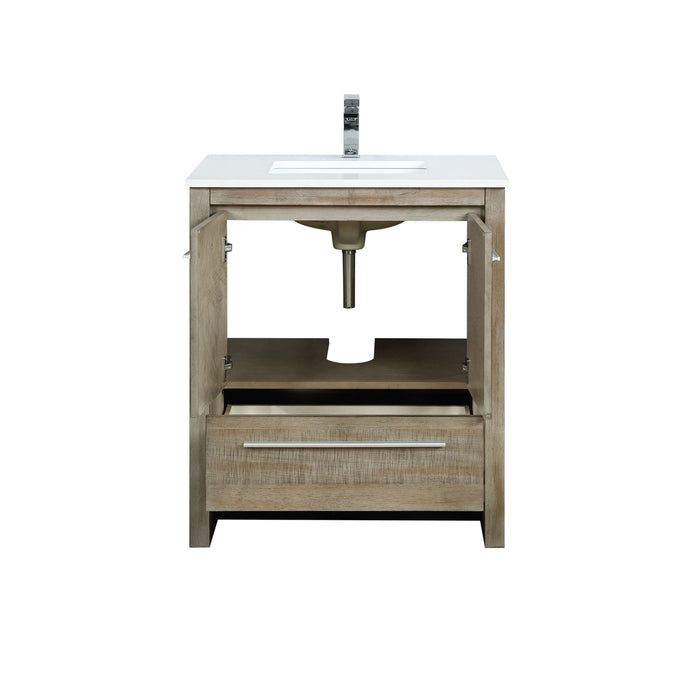 Lexora Lafarre 30" Rustic Acacia Bathroom Vanity, White Quartz Top, White Square Sink, and Balzani Gun Metal Faucet Set LLF30SKSOS000FGM