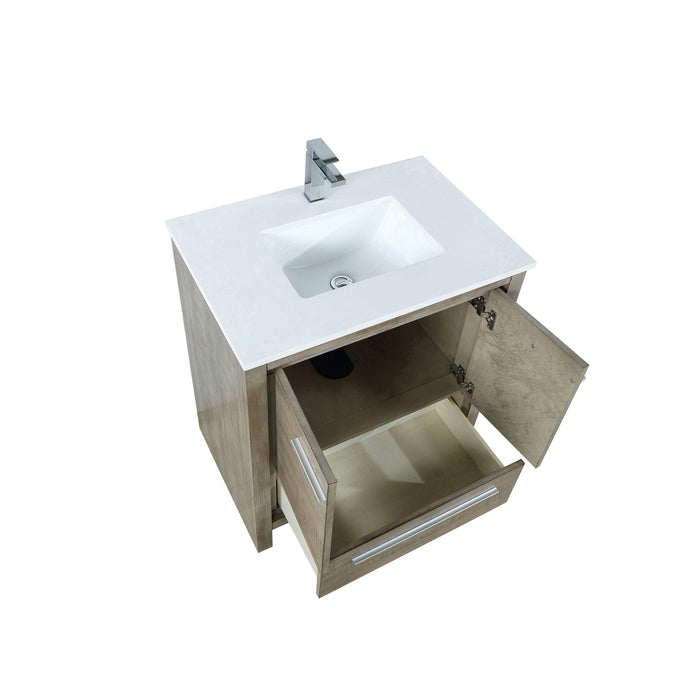 Lexora Lafarre 30" Rustic Acacia Bathroom Vanity, White Quartz Top, White Square Sink, and Labaro Rose Gold Faucet Set LLF30SKSOS000FRG