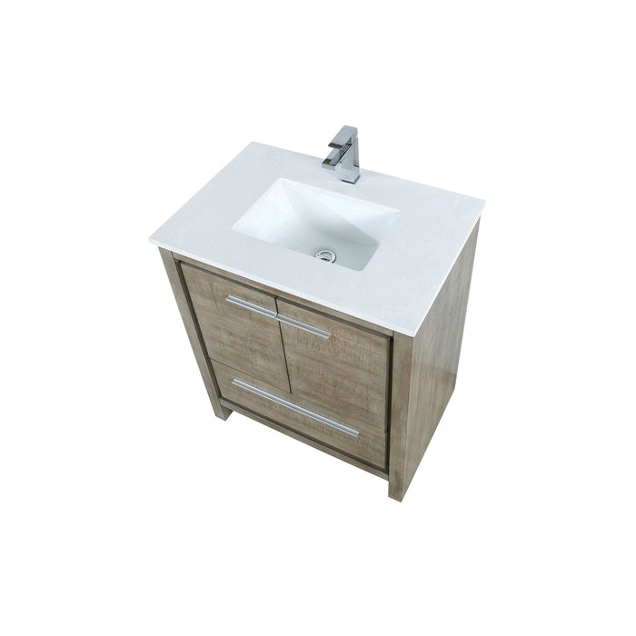 Lexora Lafarre 30" Rustic Acacia Bathroom Vanity, White Quartz Top, White Square Sink, and Labaro Rose Gold Faucet Set LLF30SKSOS000FRG