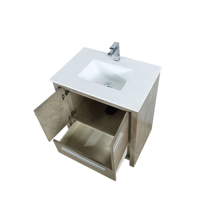 Lexora Lafarre 30" Rustic Acacia Bathroom Vanity, White Quartz Top, White Square Sink, and Labaro Rose Gold Faucet Set LLF30SKSOS000FRG