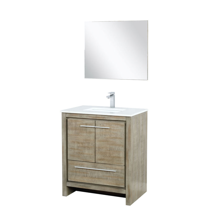 Lexora Lafarre 30" Rustic Acacia Bathroom Vanity, White Quartz Top, White Square Sink, Labaro Brushed Nickel Faucet Set, and 28" Frameless Mirror  LLF30SKSOSM28FBN