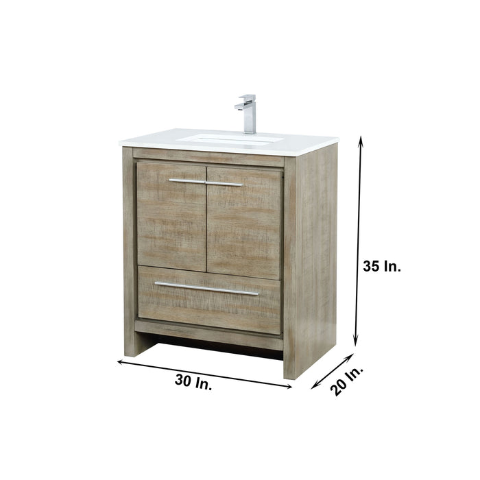 Lexora Lafarre 30" Rustic Acacia Bathroom Vanity, White Quartz Top, White Square Sink, Labaro Brushed Nickel Faucet Set, and 28" Frameless Mirror  LLF30SKSOSM28FBN