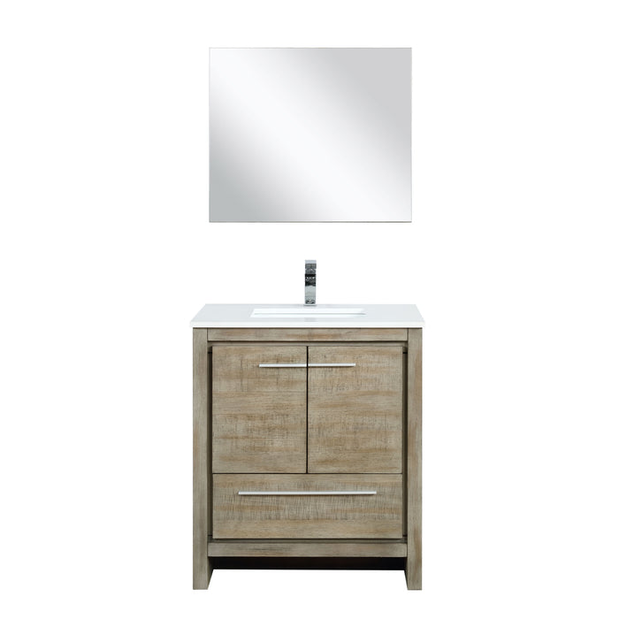 Lexora Lafarre 30" Rustic Acacia Bathroom Vanity, White Quartz Top, White Square Sink, Labaro Brushed Nickel Faucet Set, and 28" Frameless Mirror  LLF30SKSOSM28FBN