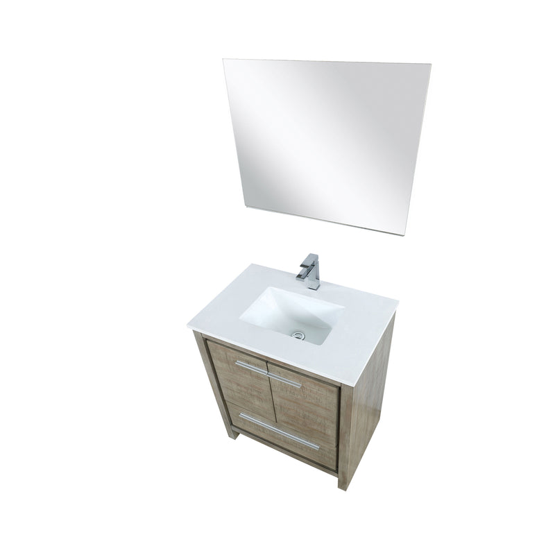 Lexora Lafarre 30" Rustic Acacia Bathroom Vanity, White Quartz Top, White Square Sink, Labaro Brushed Nickel Faucet Set, and 28" Frameless Mirror  LLF30SKSOSM28FBN