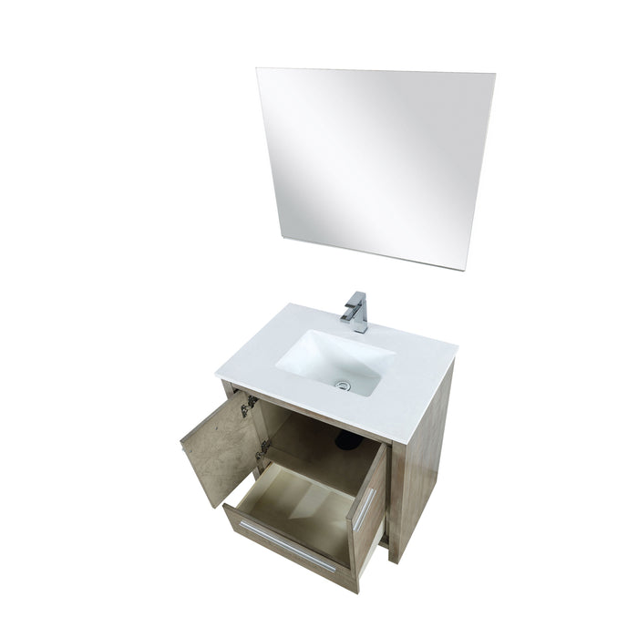 Lexora Lafarre 30" Rustic Acacia Bathroom Vanity, White Quartz Top, White Square Sink, Labaro Brushed Nickel Faucet Set, and 28" Frameless Mirror  LLF30SKSOSM28FBN