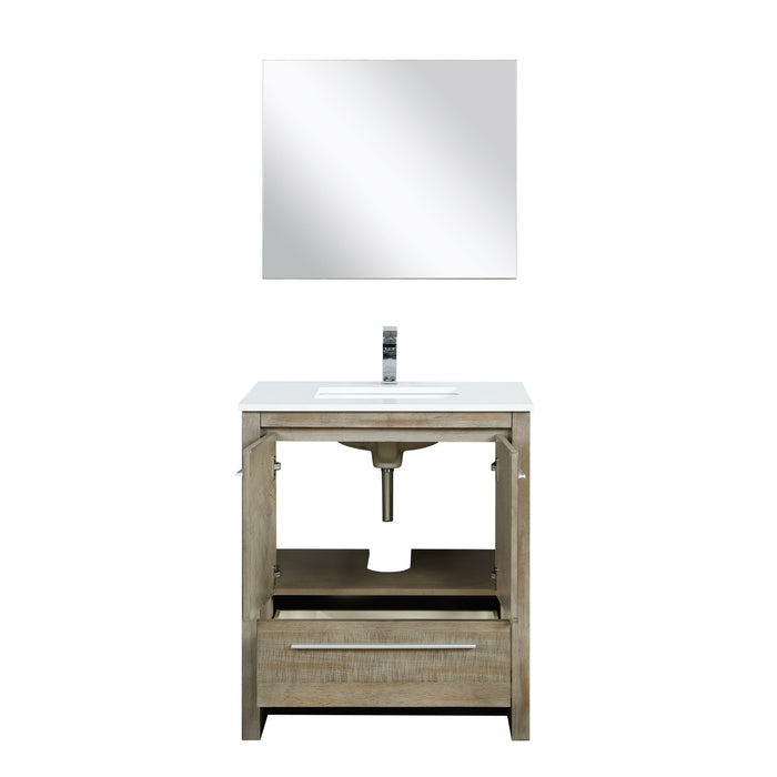 Lexora Lafarre 30" Rustic Acacia Bathroom Vanity, White Quartz Top, White Square Sink, Labaro Rose Gold Faucet Set, and 28" Frameless Mirror LLF30SKSOSM28FRG