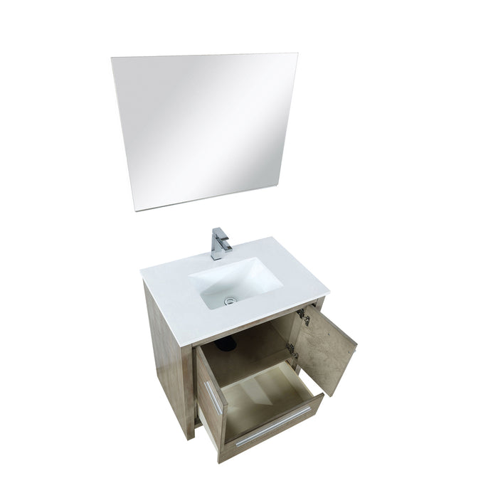 Lexora Lafarre 30" Rustic Acacia Bathroom Vanity, White Quartz Top, White Square Sink, Labaro Rose Gold Faucet Set, and 28" Frameless Mirror LLF30SKSOSM28FRG