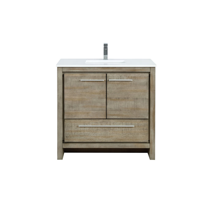 Lexora Lafarre 36" Rustic Acacia Bathroom Vanity, White Quartz Top, White Square Sink, and Labaro Brushed Nickel Faucet Set LLF36SKSOS000FBN