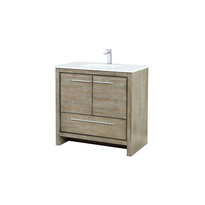 Lexora Lafarre 36" Rustic Acacia Bathroom Vanity, White Quartz Top, White Square Sink, and Balzani Gun Metal Faucet Set LLF36SKSOS000FGM