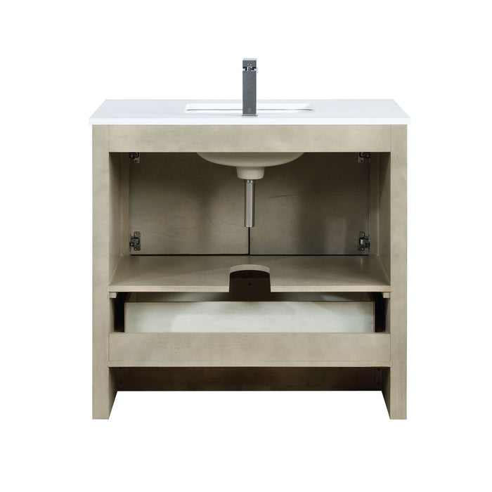 Lexora Lafarre 36" Rustic Acacia Bathroom Vanity, White Quartz Top, White Square Sink, and Balzani Gun Metal Faucet Set LLF36SKSOS000FGM