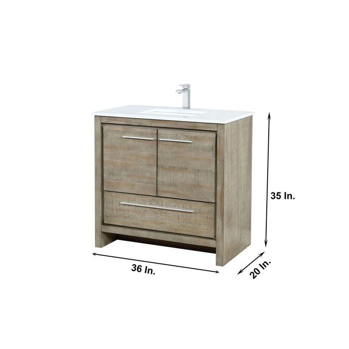 Lexora Lafarre 36" Rustic Acacia Bathroom Vanity, White Quartz Top, White Square Sink, and Balzani Gun Metal Faucet Set LLF36SKSOS000FGM