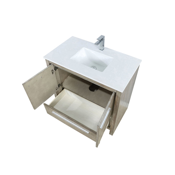 Lexora Lafarre 36" Rustic Acacia Bathroom Vanity, White Quartz Top, White Square Sink, and Balzani Gun Metal Faucet Set LLF36SKSOS000FGM