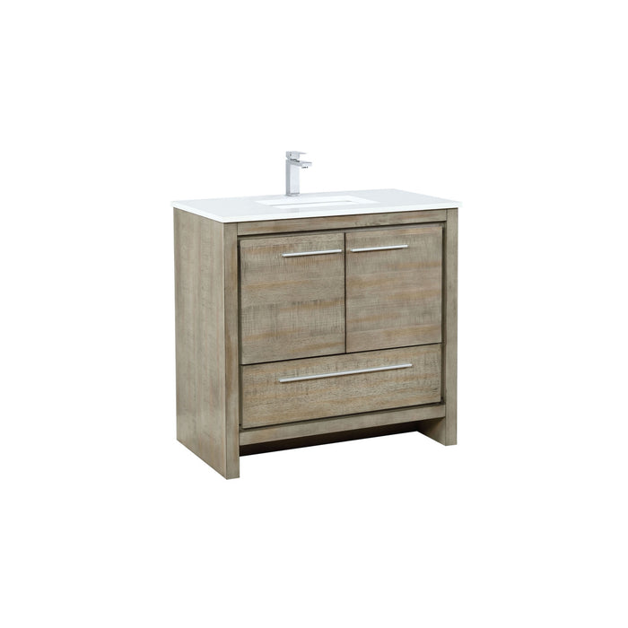 Lexora Lafarre 36" Rustic Acacia Bathroom Vanity, White Quartz Top, White Square Sink, and Balzani Gun Metal Faucet Set LLF36SKSOS000FGM