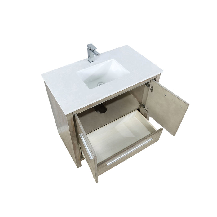 Lexora Lafarre 36" Rustic Acacia Bathroom Vanity, White Quartz Top, White Square Sink, and Labaro Rose Gold Faucet Set LLF36SKSOS000FRG