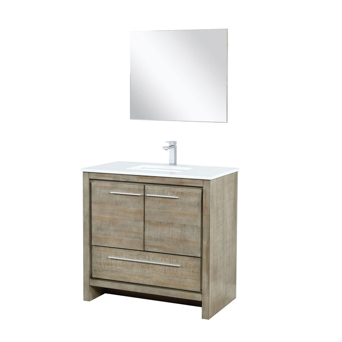 Lexora Lafarre 36" Rustic Acacia Bathroom Vanity, White Quartz Top, White Square Sink, Labaro Brushed Nickel Faucet Set, and 28" Frameless Mirror LLF36SKSOSM28FBN