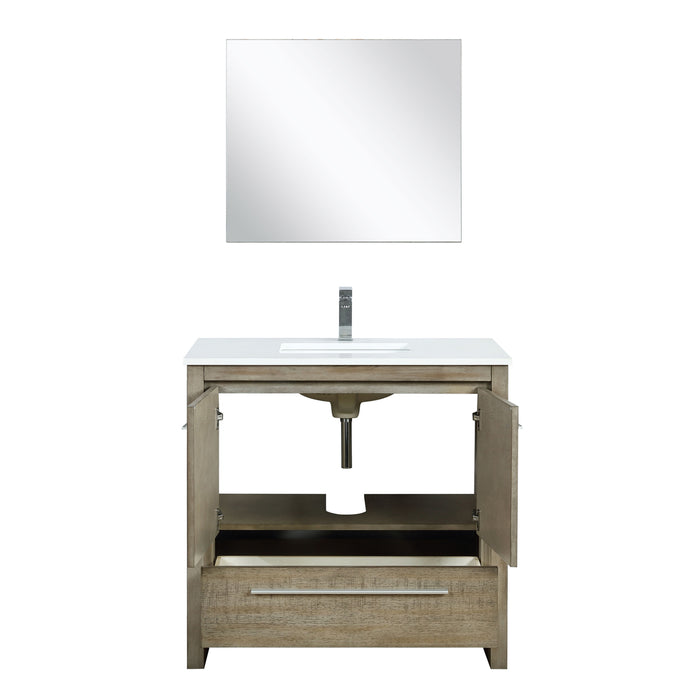 Lexora Lafarre 36" Rustic Acacia Bathroom Vanity, White Quartz Top, White Square Sink, Labaro Brushed Nickel Faucet Set, and 28" Frameless Mirror LLF36SKSOSM28FBN