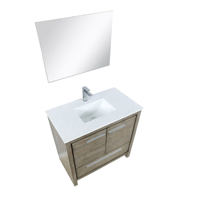 Lexora Lafarre 36" Rustic Acacia Bathroom Vanity, White Quartz Top, White Square Sink, Labaro Brushed Nickel Faucet Set, and 28" Frameless Mirror LLF36SKSOSM28FBN