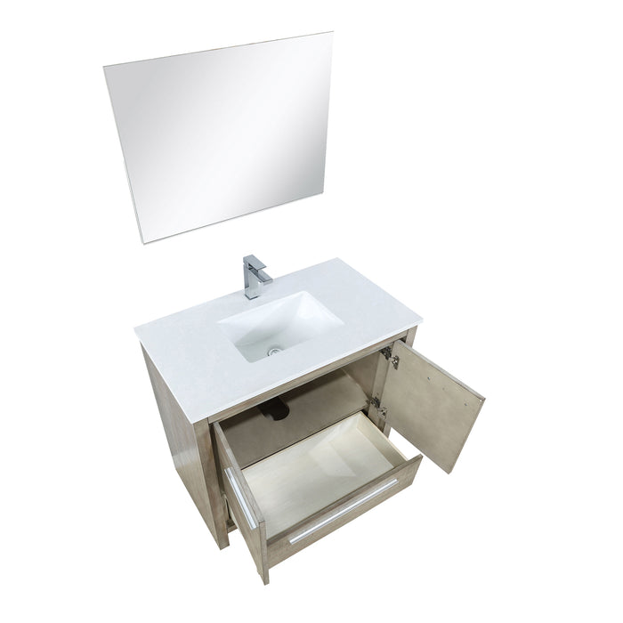 Lexora Lafarre 36" Rustic Acacia Bathroom Vanity, White Quartz Top, White Square Sink, Labaro Brushed Nickel Faucet Set, and 28" Frameless Mirror LLF36SKSOSM28FBN