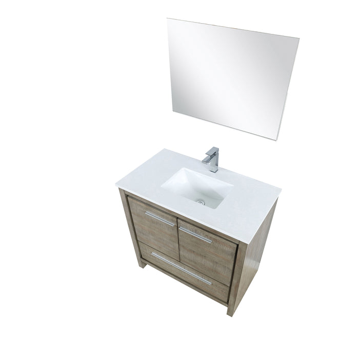 Lexora Lafarre 36" Rustic Acacia Bathroom Vanity, White Quartz Top, White Square Sink, Labaro Brushed Nickel Faucet Set, and 28" Frameless Mirror LLF36SKSOSM28FBN